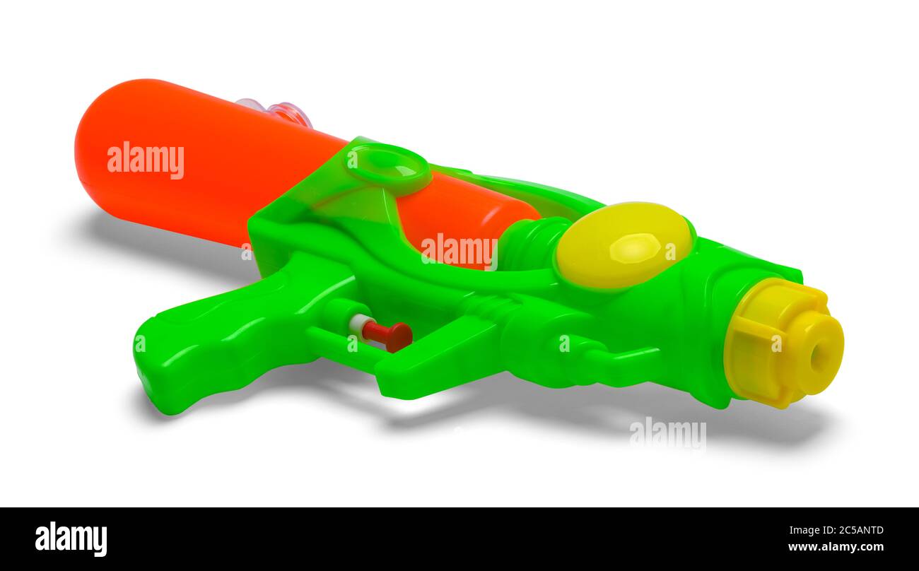 Pistola giocattolo a squirt d'acqua isolata su bianco. Foto Stock