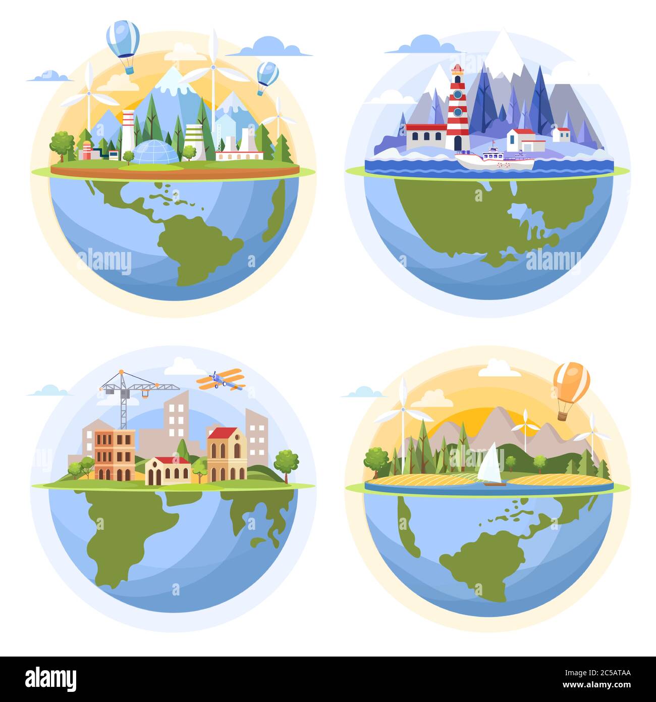 Globi con paesaggi diversi vettore piatta illustrazione. Globi con fabbrica nucleare e turbine eoliche, mare con faro e yacht, costruzione di città, paesaggio naturale con navi. Illustrazione Vettoriale