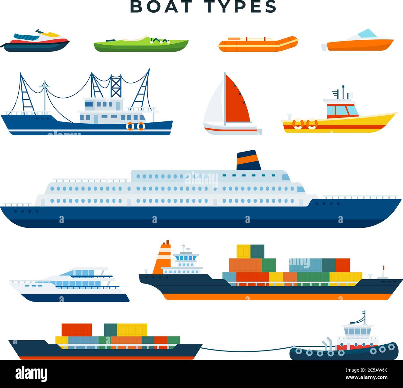Tipi di barca e nave, set. Trasporto di acqua. Illustrazione vettoriale in stile piatto. Illustrazione Vettoriale