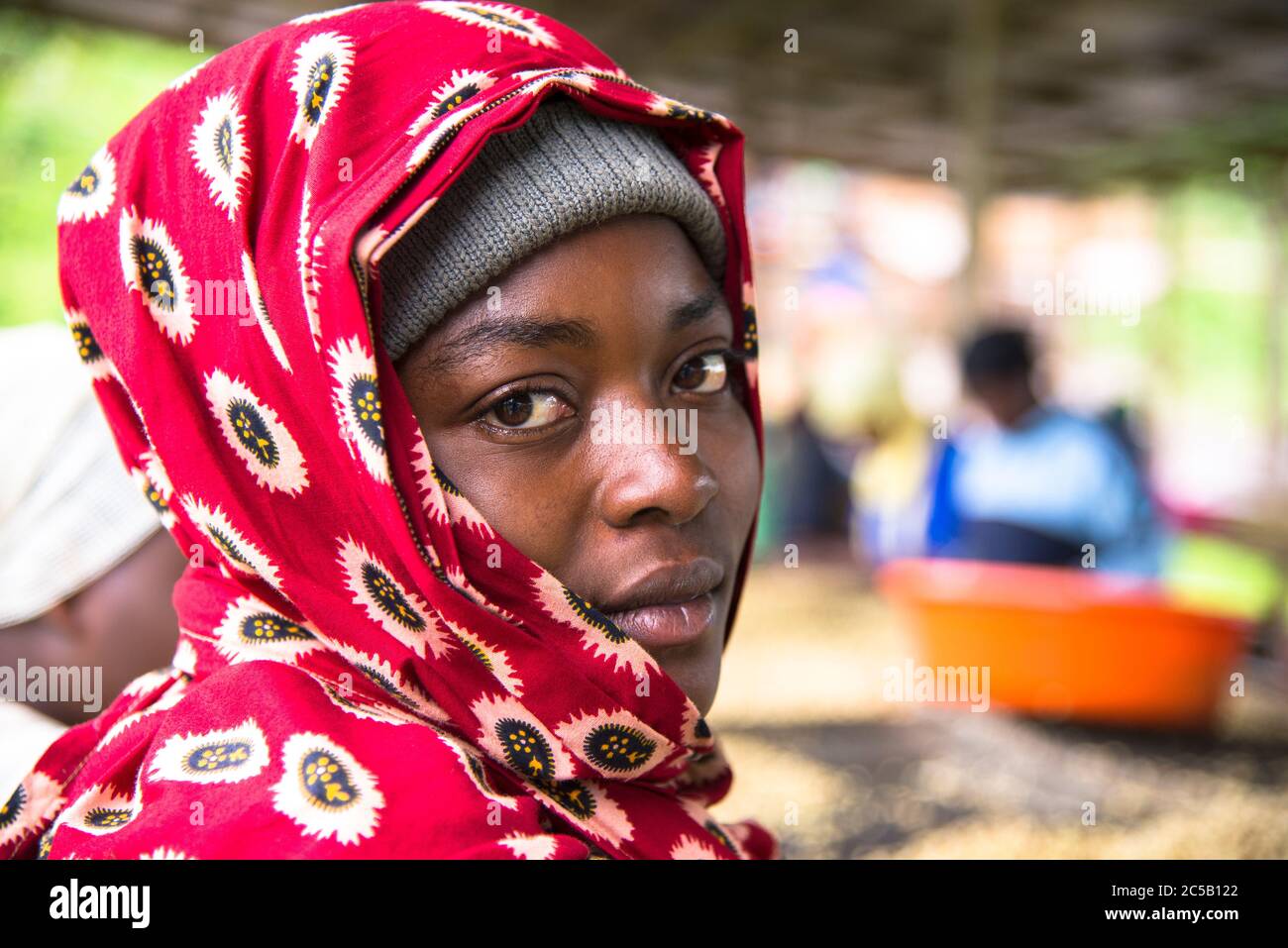 Visita alla cooperativa di caffè Gashonga nella regione del lago Kivu in Ruanda Foto Stock