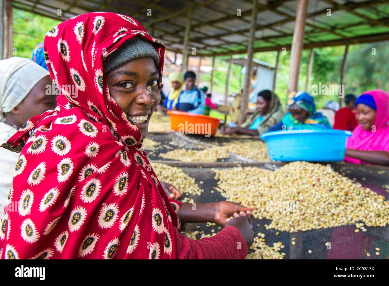 Visita alla cooperativa di caffè Gashonga nella regione del lago Kivu in Ruanda Foto Stock