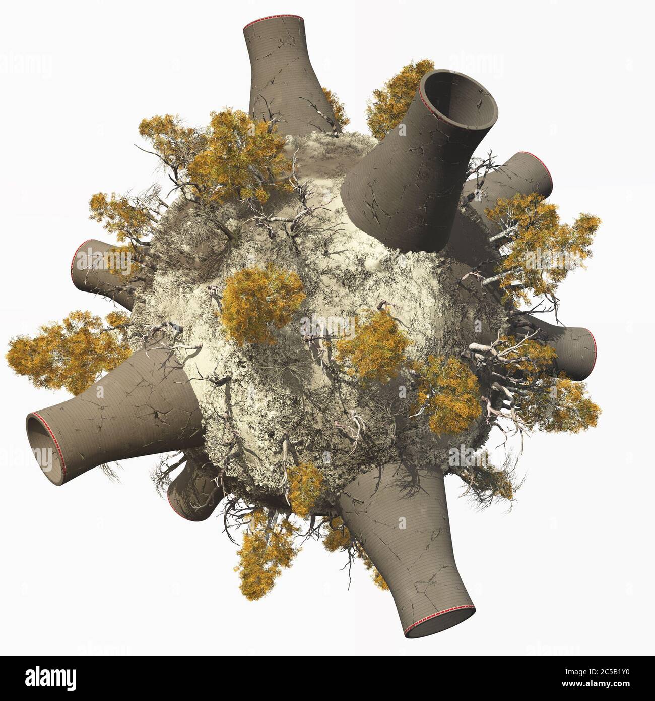 Concetto di danni al cambiamento climatico globale con torri di raffreddamento industriali e alberi di aranci morti. Isolato su bianco. Rendering 3D Foto Stock