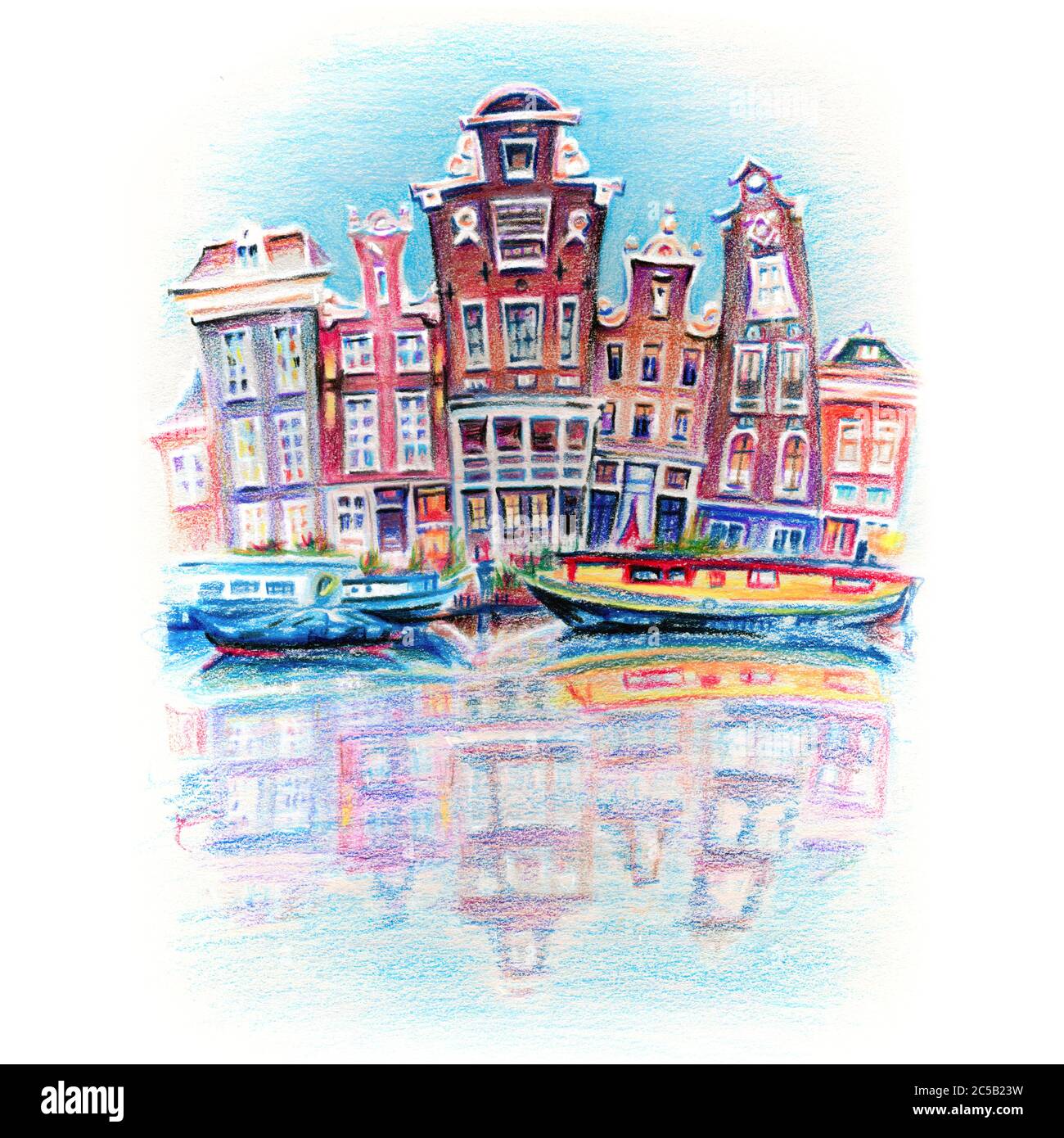 Disegno a matita a colori di Amsterdam case tipiche con i loro riflessi in Canal, Olanda, Paesi Bassi Foto Stock