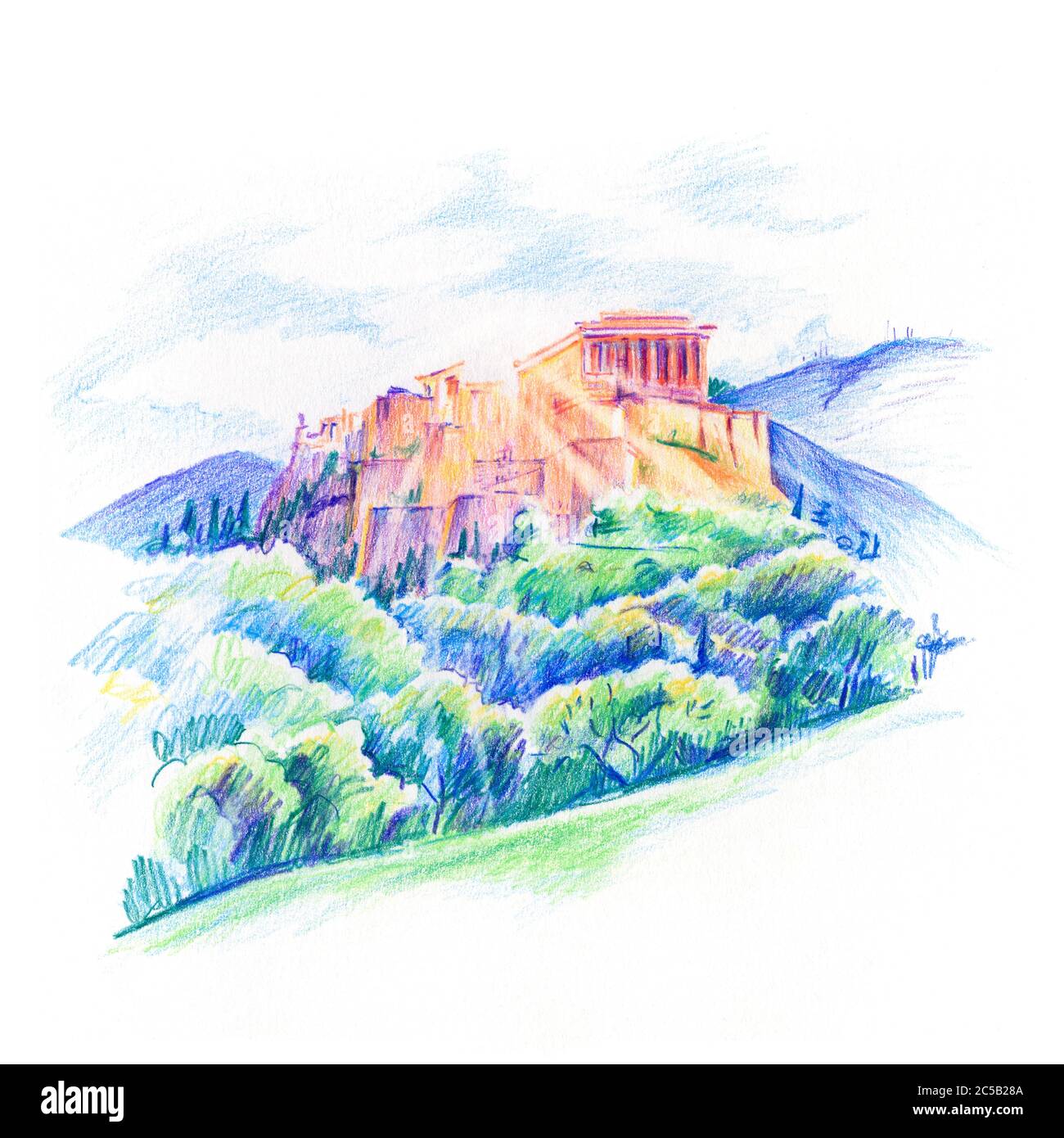 Disegno a matita a colori della collina dell'Acropoli, coronata dal Partenone durante l'ora blu serale ad Atene, Grecia. Foto Stock