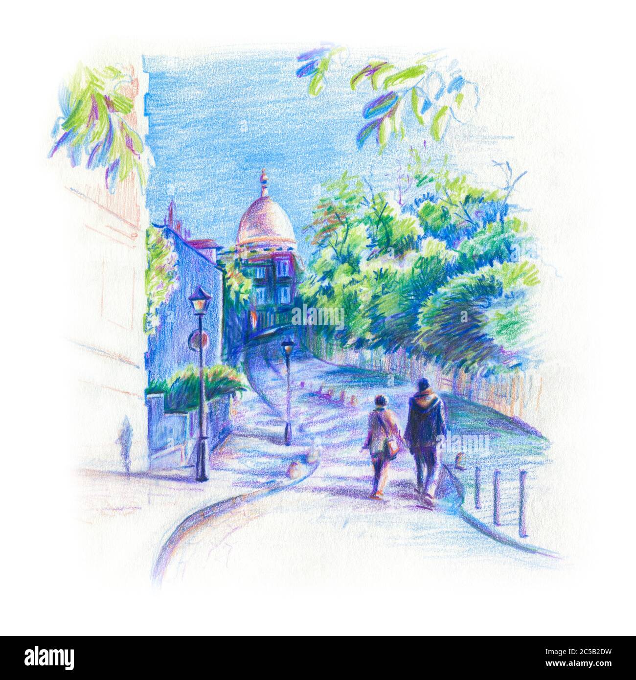 Disegno a matita a colori di un paio di amanti passeggiate intorno a Montmartre quartiere a Parigi, Francia Foto Stock
