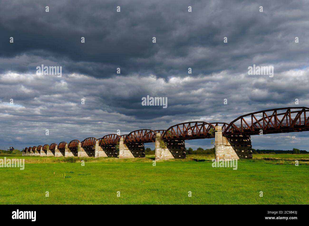 Ponte dell'Elba Dömitz, resti dell'ex ponte ferroviario sul fiume Elba (distrutto nel 1945), distretto di Lüchow-Dannenberg, bassa Sassonia, germania Foto Stock