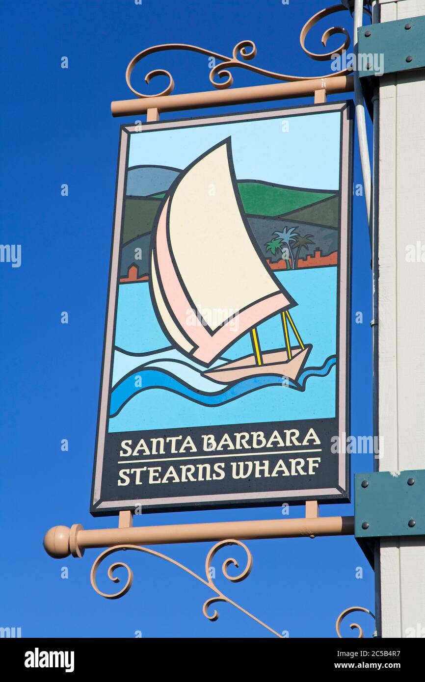 Cartello su Stearns Wharf, Santa Barbara Harbour, California, USA Foto Stock