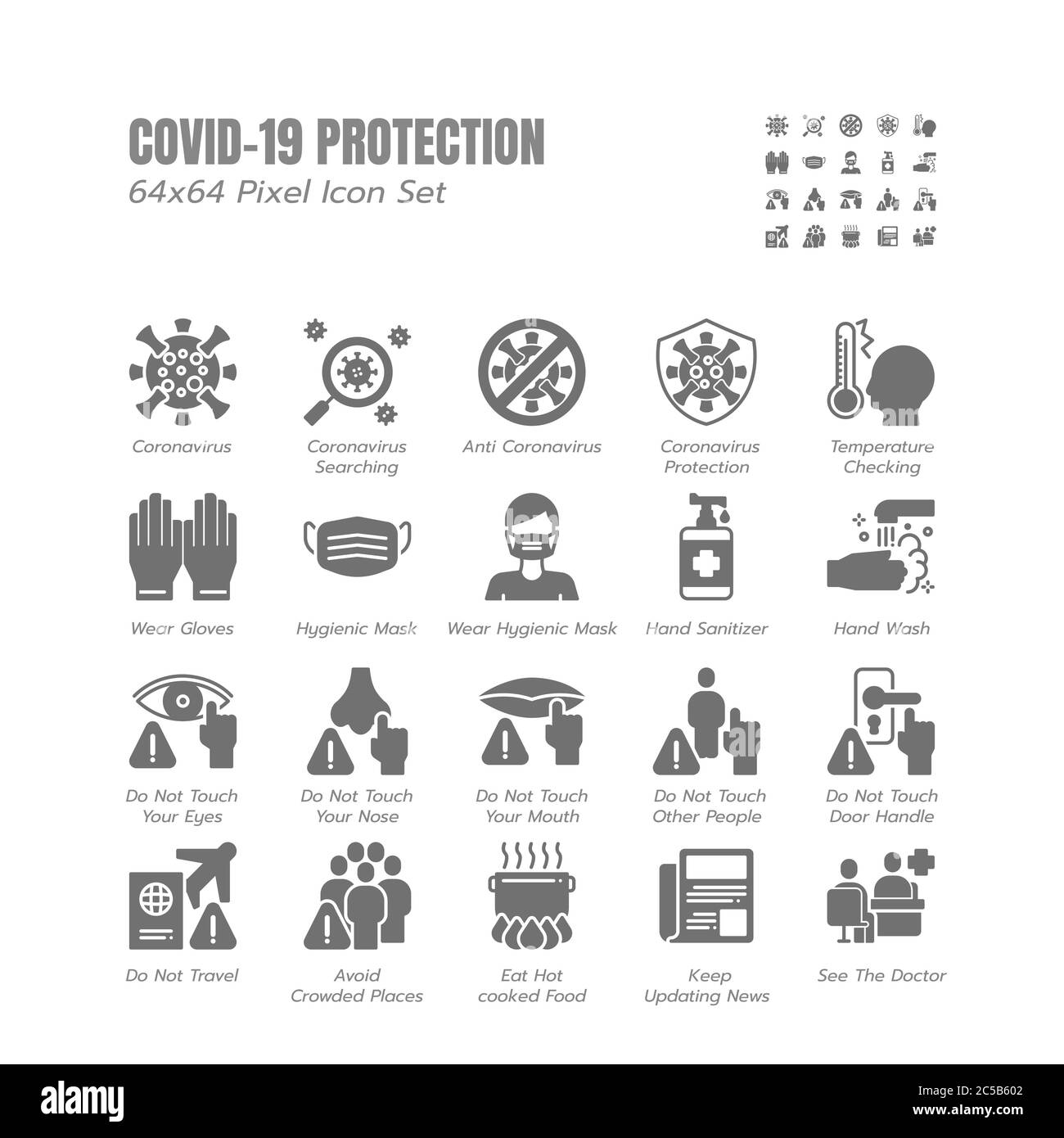 Semplice set di icone glyph solide di protezione Covid-19. Icone come misure di protezione di guida, prevenzione di Coronavirus, sanità igienica, soluzione, Awa Illustrazione Vettoriale