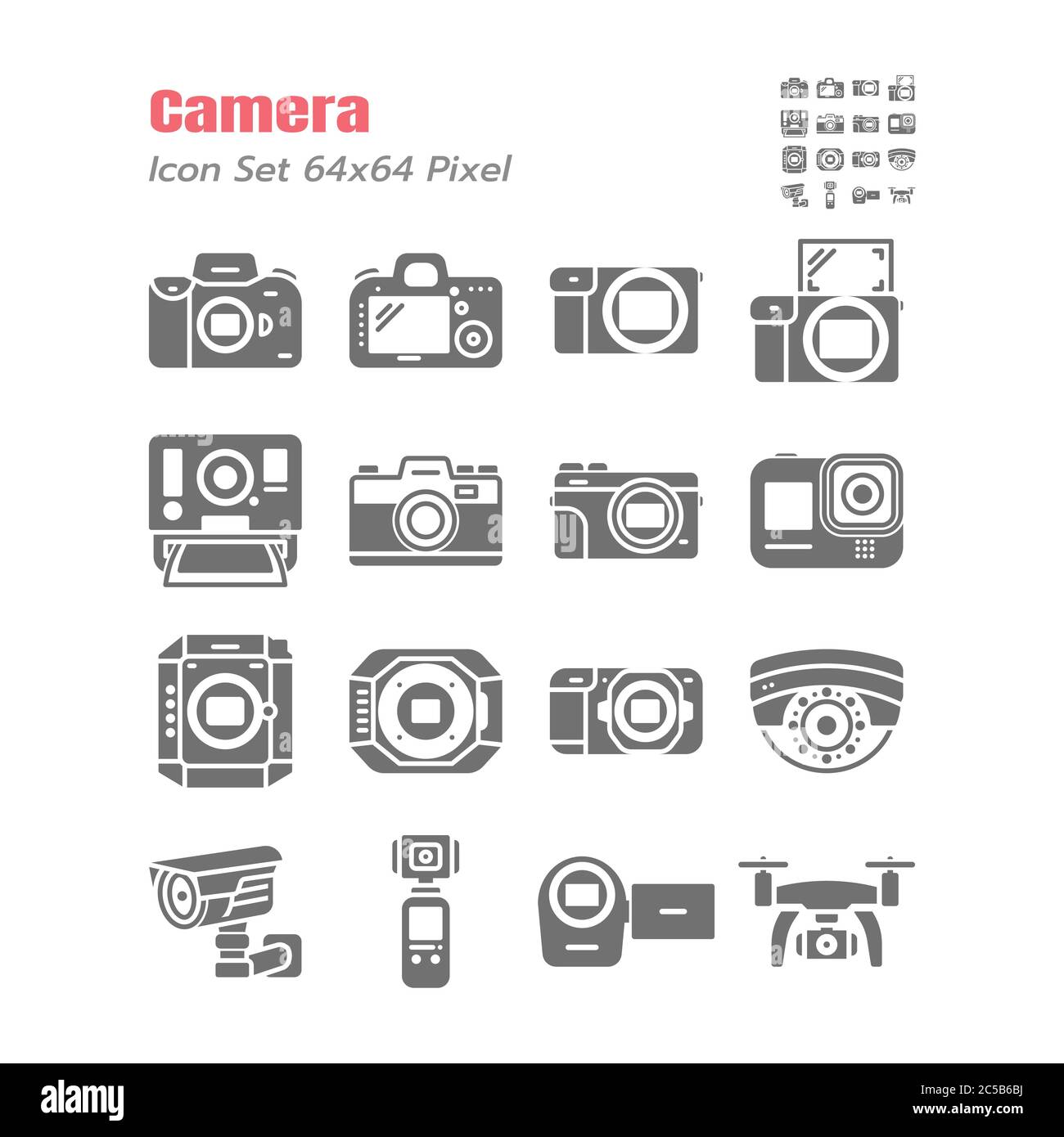 Semplice set di icone di glifo solido vettoriale della fotocamera, come DSLR, Mirrorless, Instant, Action Cam, Film, Compact, Drone, Fotografia, Cinematografia, Digit Illustrazione Vettoriale