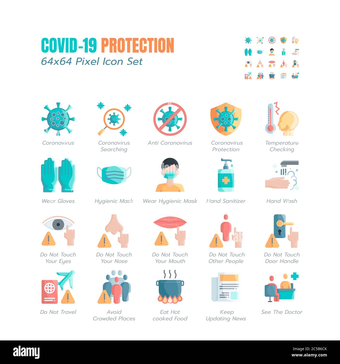 Semplice set di icone piatte di protezione Covid-19. Icone come misure di protezione di guida, prevenzione di Coronavirus, sanità igienica, soluzione, consapevolezza, Illustrazione Vettoriale