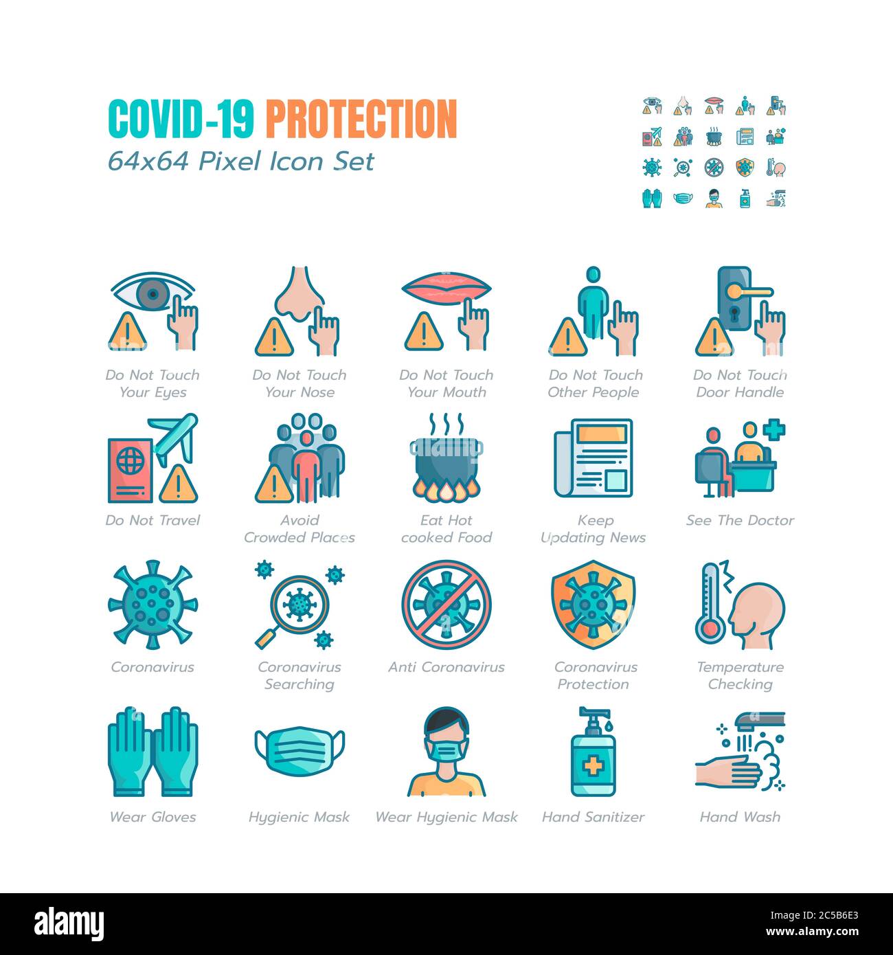 Semplice set di icone piatte di protezione Covid-19. Icone come misure di protezione di guida, prevenzione di Coronavirus, sanità igienica, soluzione, consapevolezza, Illustrazione Vettoriale