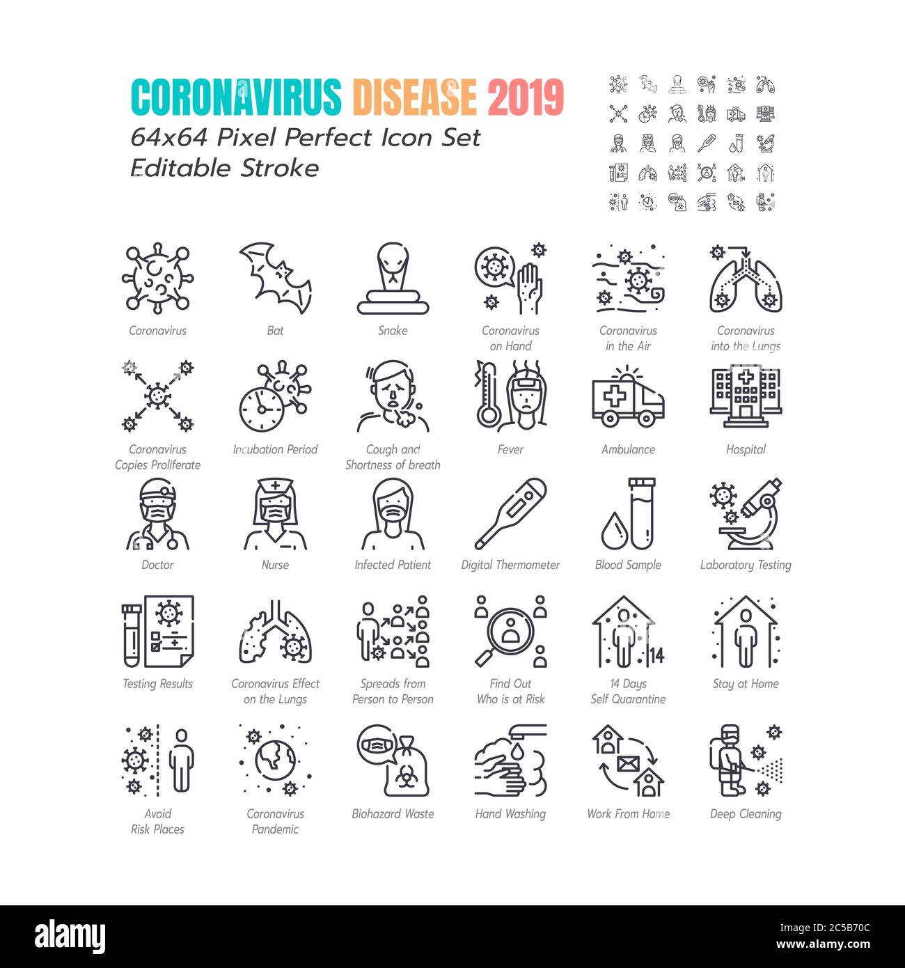 Semplice insieme di Coronavirus malattia 2019 Covid-19 icone di linea. Quali i sintomi, infezione, Test di laboratorio, Social Distancing, soggiorno a casa, Quara Illustrazione Vettoriale