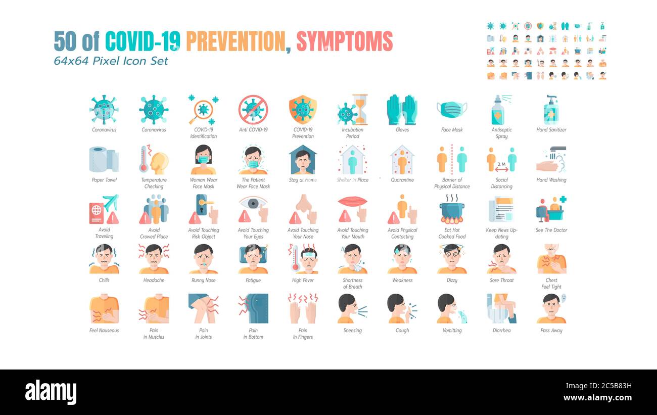 Semplice set di icone piatte di prevenzione Covid-19, quali icone come misure protettive, Coronavirus, igiene sanitaria, distanza sociale, lavarsi le mani, S Illustrazione Vettoriale