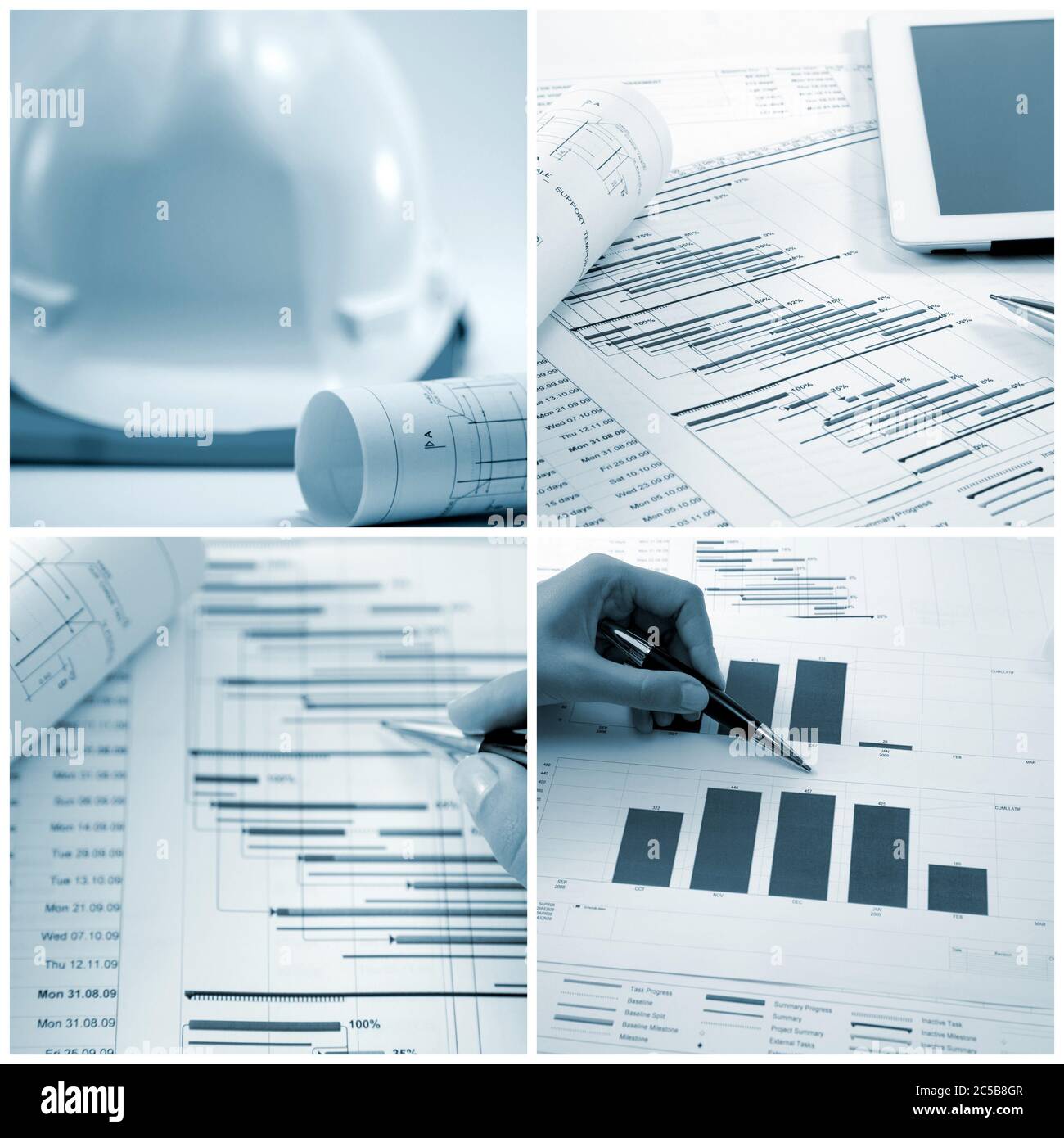 Pianificazione dei progetti di costruzione, concetto di gestione, pianificazione della mappa gantt, progetti, casco, calcolatrice diversi strumenti di gestione Foto Stock