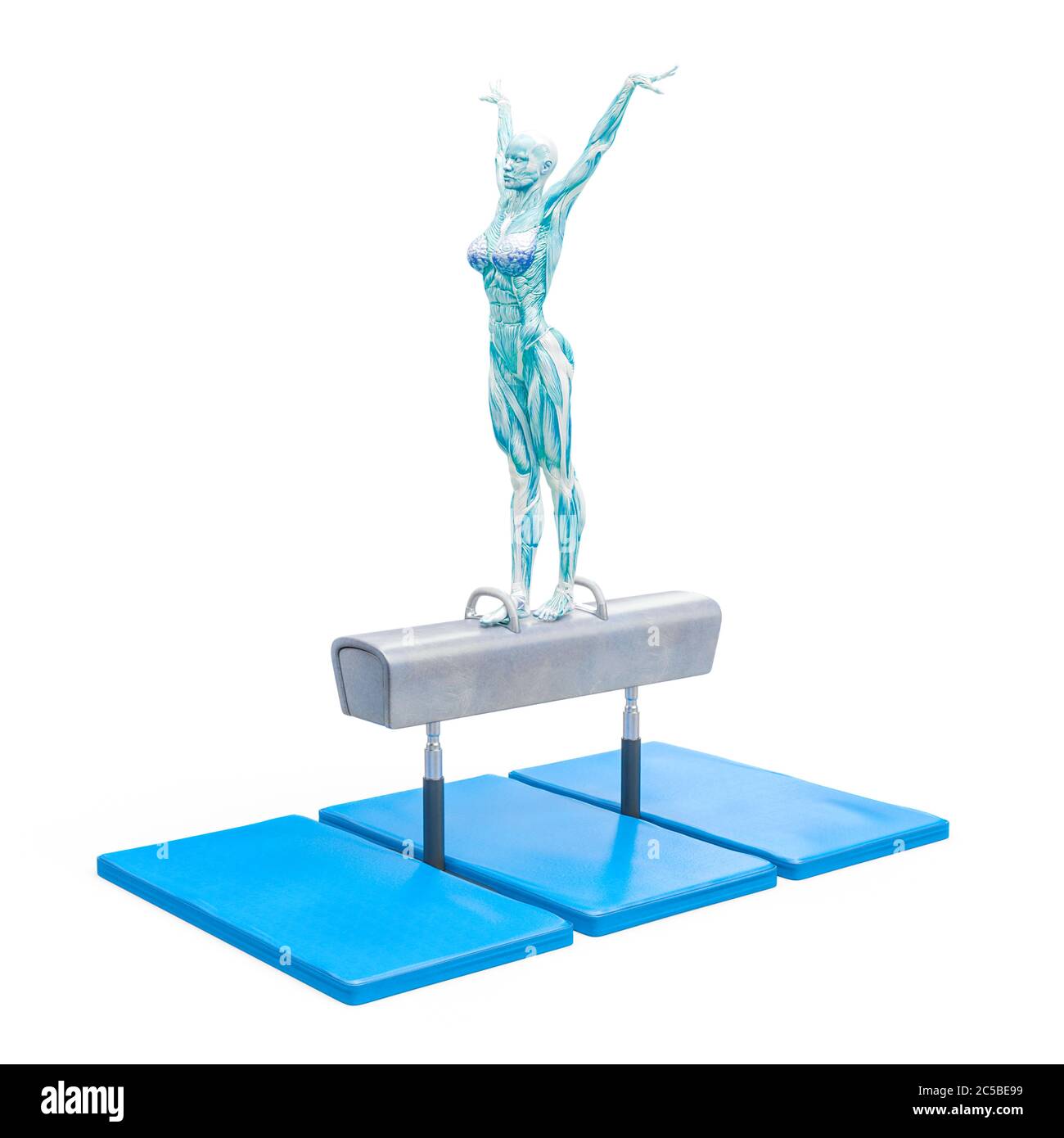 muscolo donna che fa un ginnastica su cavallo pomel in sfondo bianco, illustrazione 3d Foto Stock