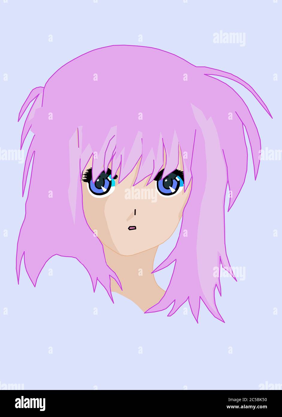 Disegno di tipo ANIME di una ragazza con capelli di lavanda su uno sfondo azzurro chiaro. Foto Stock