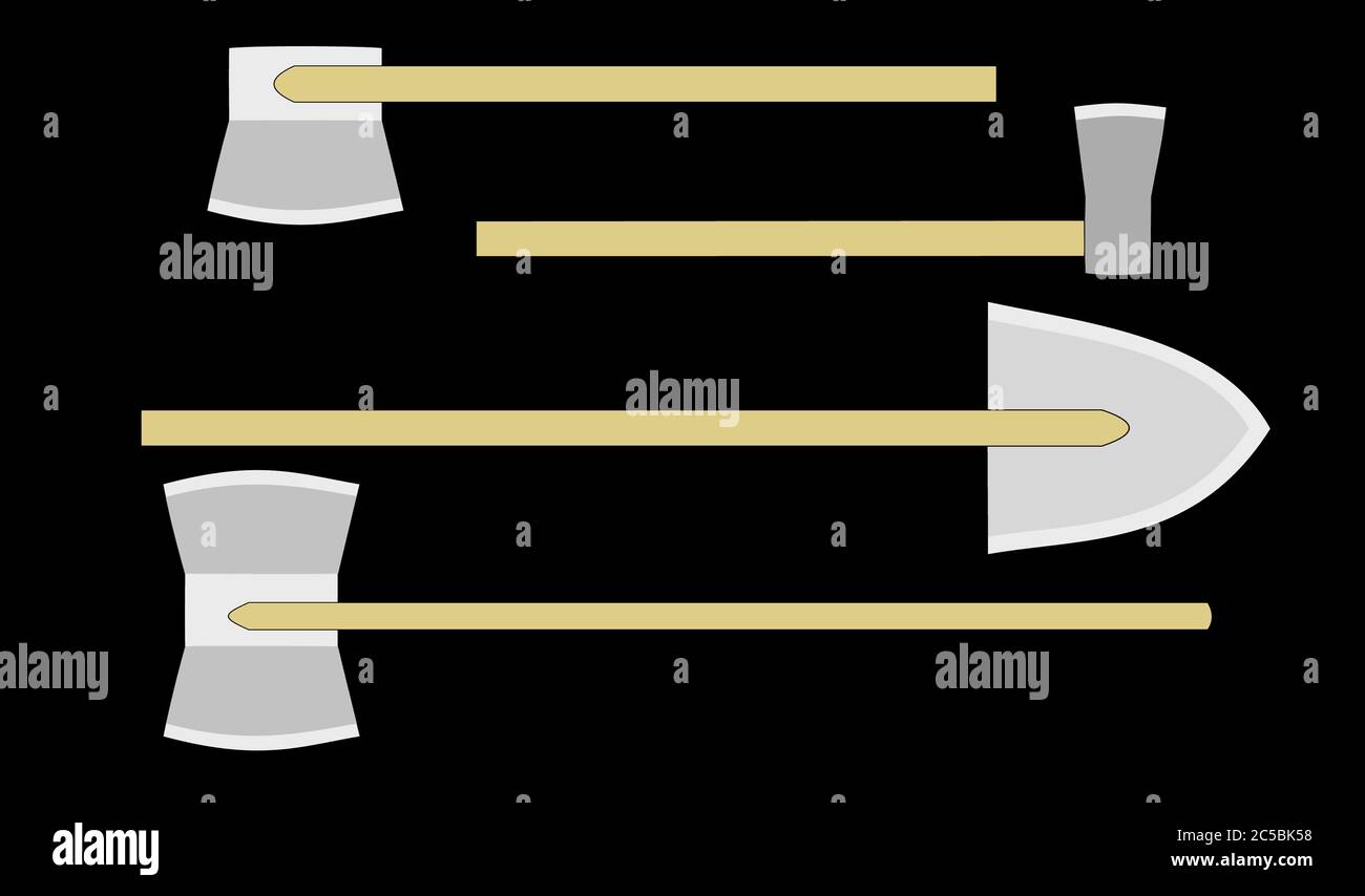 Disegno digitale di diversi assi che mostra diverse tipologie di teste, lame e maniglie. Isolato su nero. Foto Stock