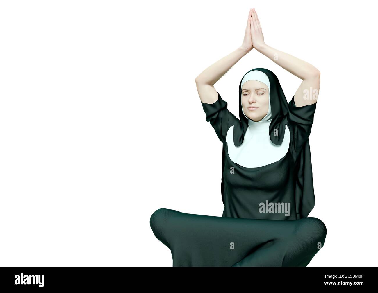 nun sta facendo yoga con spazio di copia, illustrazione 3d Foto Stock