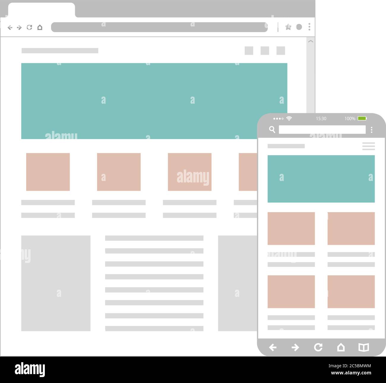 Illustrazione del layout a reticolo delle pagine Web / modello di progettazione Web per browser PC , smartphone. Illustrazione Vettoriale