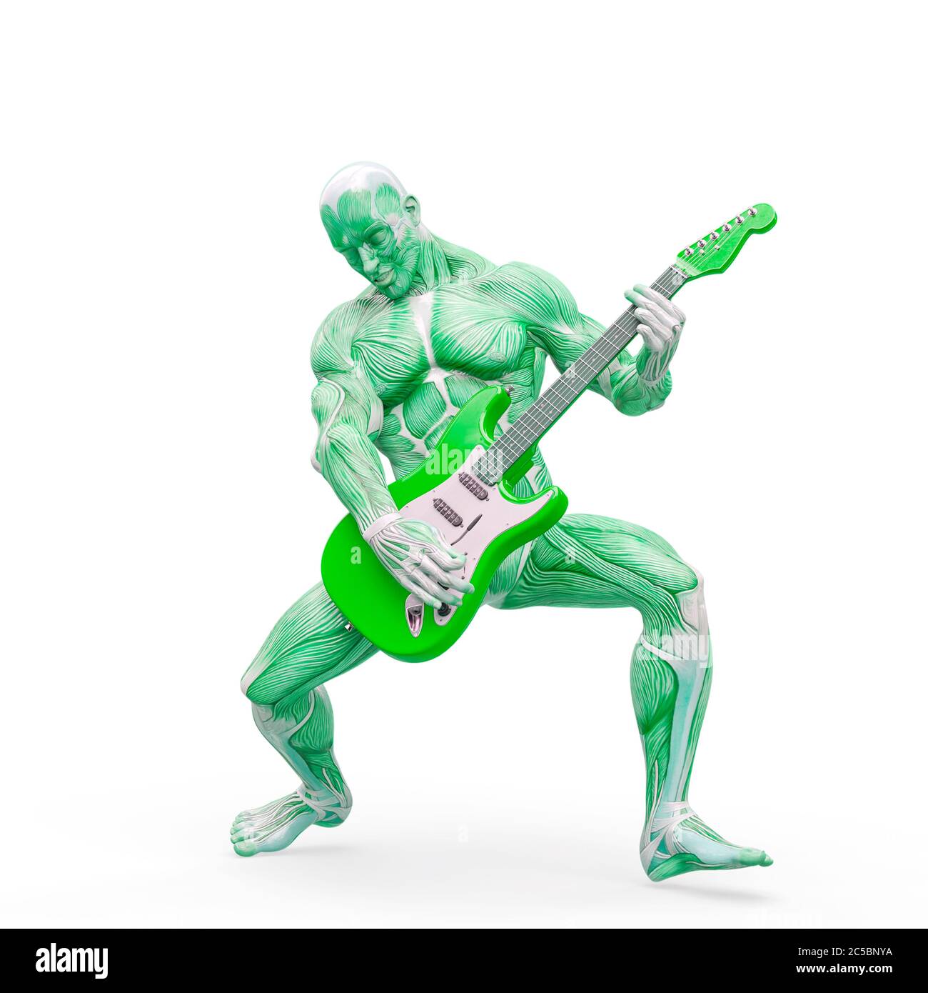 muscleman anatomia corpo eroico sta suonando la chitarra e facendo un solo su sfondo bianco, illustrazione 3d Foto Stock