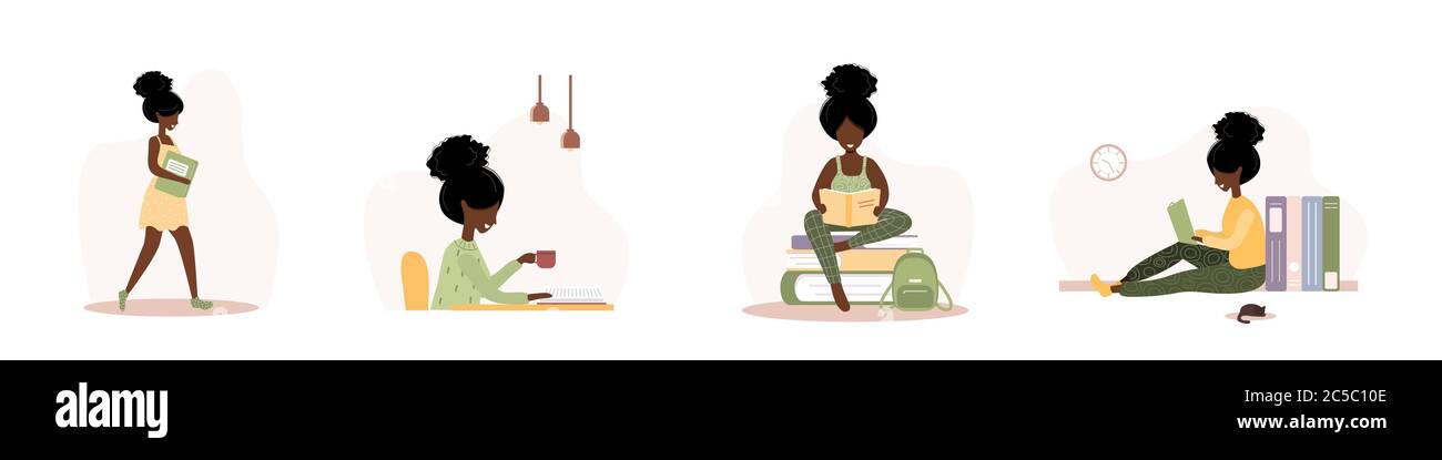 Amanti dei libri. Donne africane che leggono libri. Preparazione all'esame o alla certificazione. Concetto di biblioteca di conoscenza e di formazione, letteratura Illustrazione Vettoriale