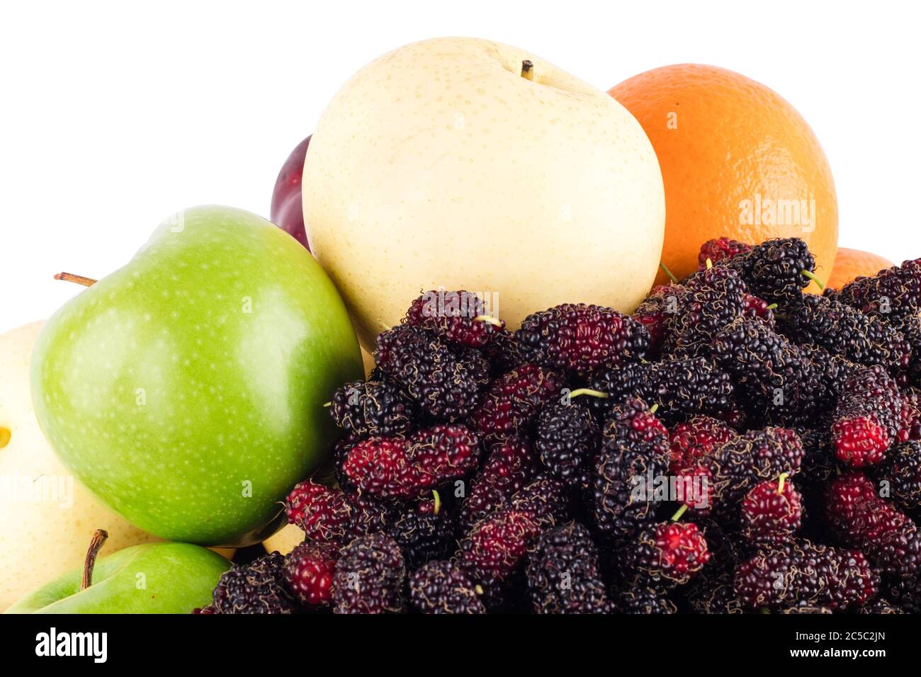 Mela verde e arancia e pera e gelso cinese sono composizione di frutta gustosa mescolata su cibo di base frutta salute Foto Stock