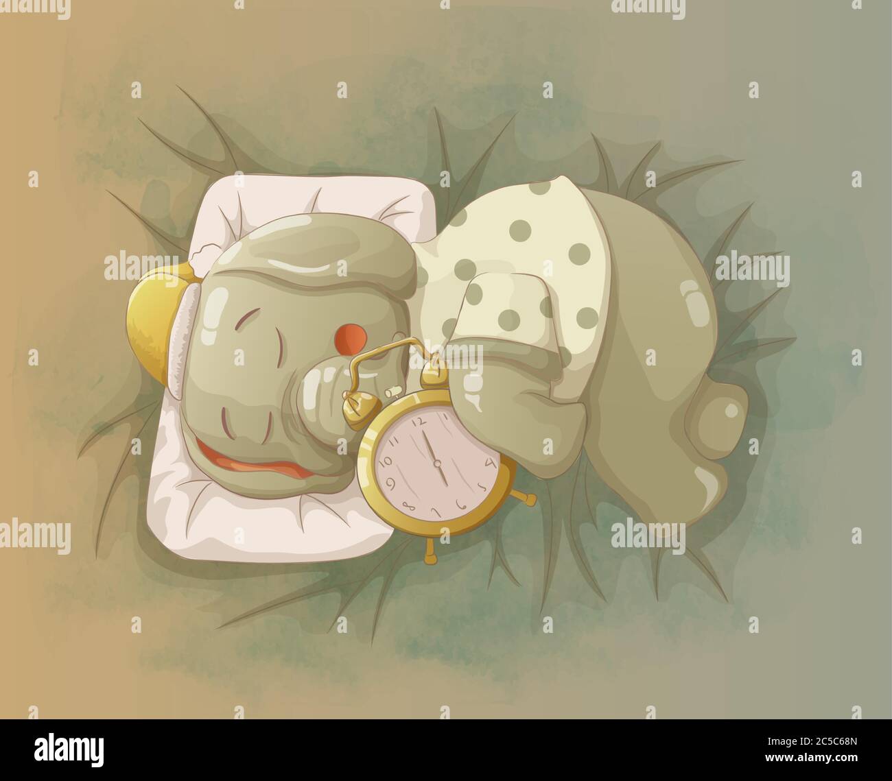 l'elefante dorme abbracciando l'orologio. vettore cartoon disegnata a mano stile d'arte Illustrazione Vettoriale