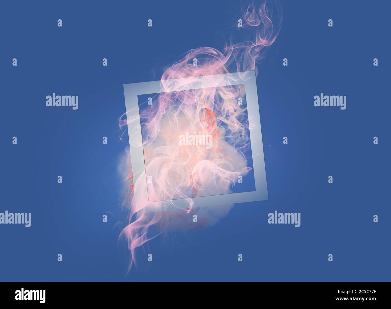 Vernice rosa morbida esplosione di fumo con cornice quadrata su sfondo blu classico. Creativo astratto composizione minima del disegno con spazio di copia Foto Stock