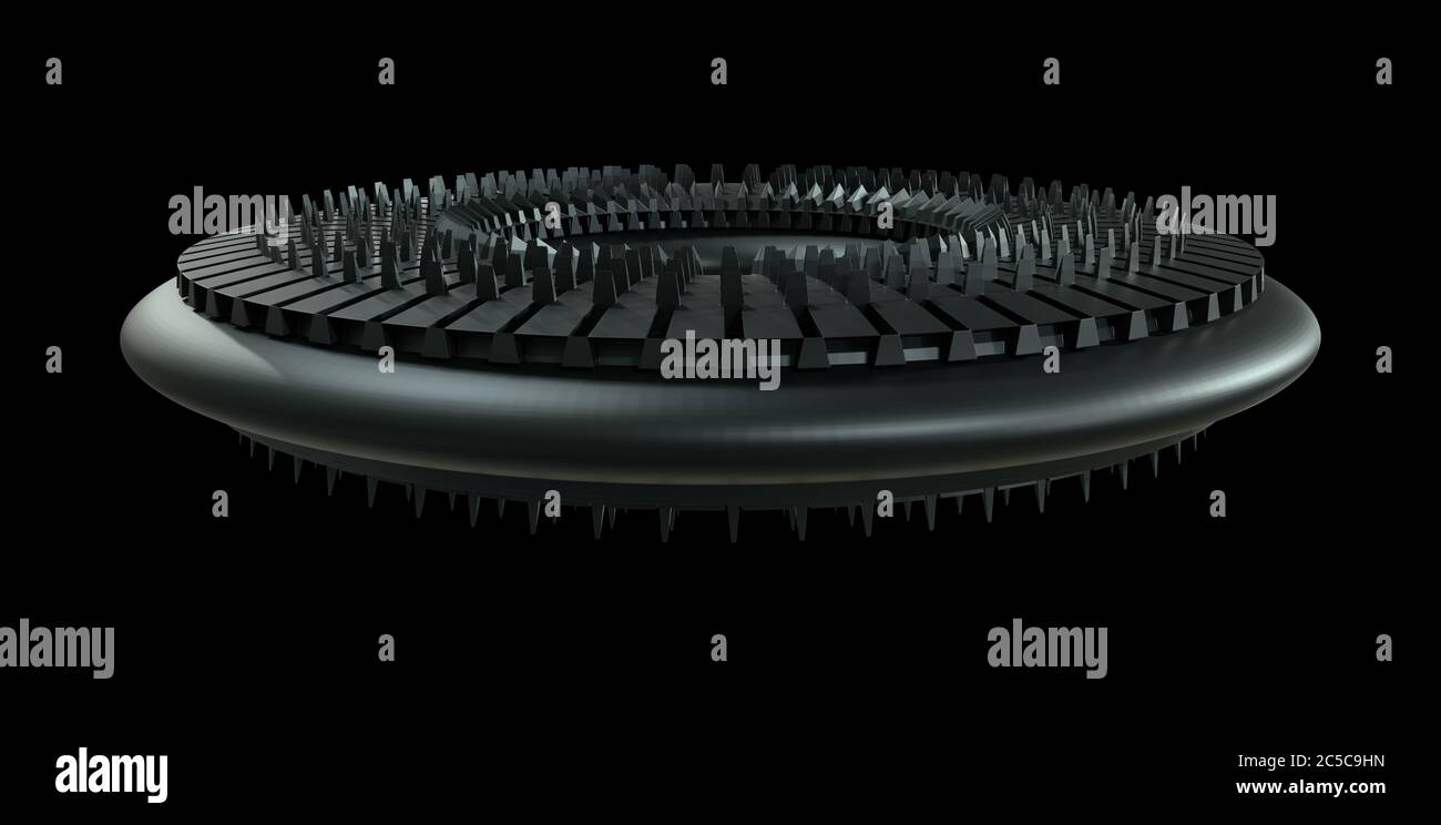 Oggetto sci-Fi isolato su sfondo nero. Meccanica, ingranaggio robotizzato Foto Stock