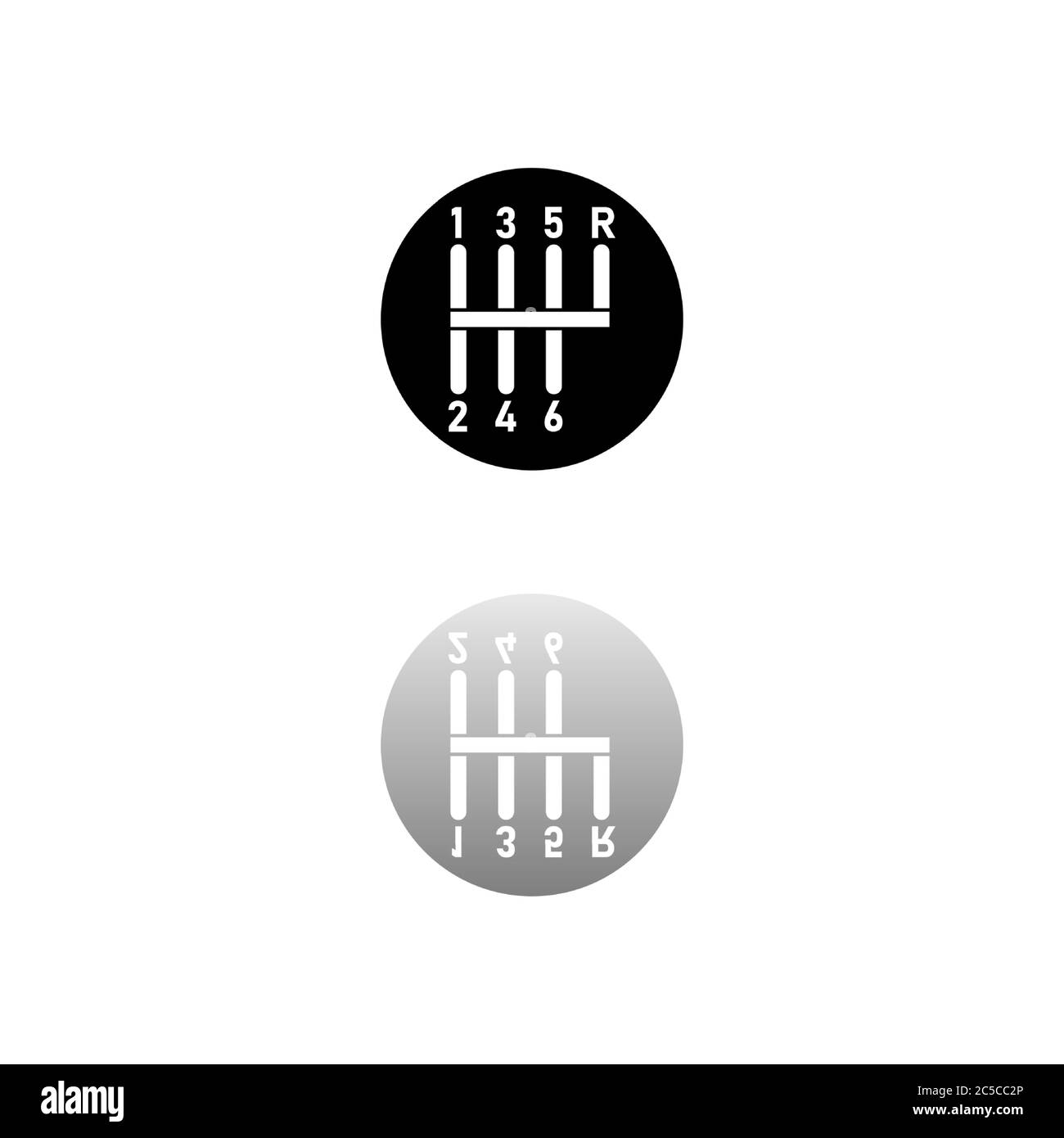 Selettore marce. Simbolo nero su sfondo bianco. Illustrazione semplice. Icona vettore piatto. Specchia ombra di riflessione. Può essere utilizzato in logo, Web, dispositivi mobili e. Illustrazione Vettoriale