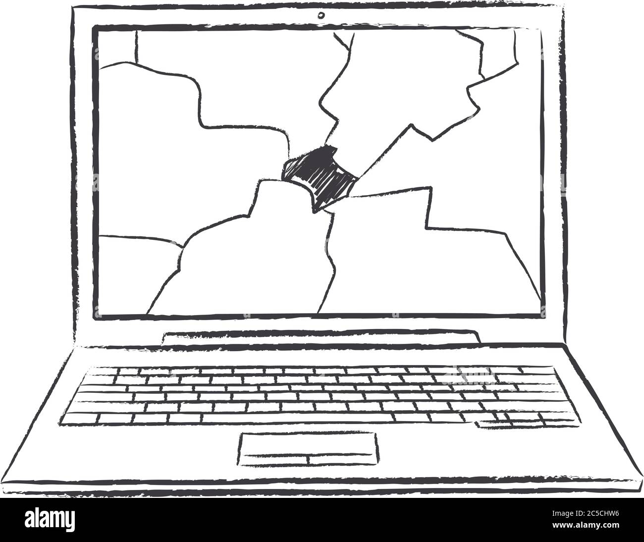 Abbozzare il noodle stile di netbook con schermo distrutto. Illustrazione vettoriale del doodle disegnato a mano. Illustrazione Vettoriale