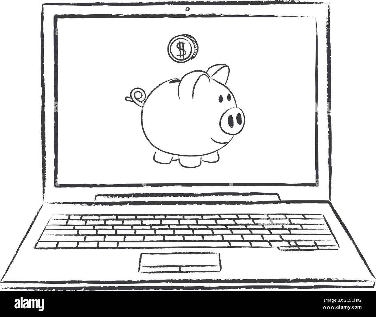 gesso doodle di laptop con banca piggy sullo schermo - vista frontale. Illustrazione vettoriale del doodle disegnato a mano. Illustrazione Vettoriale