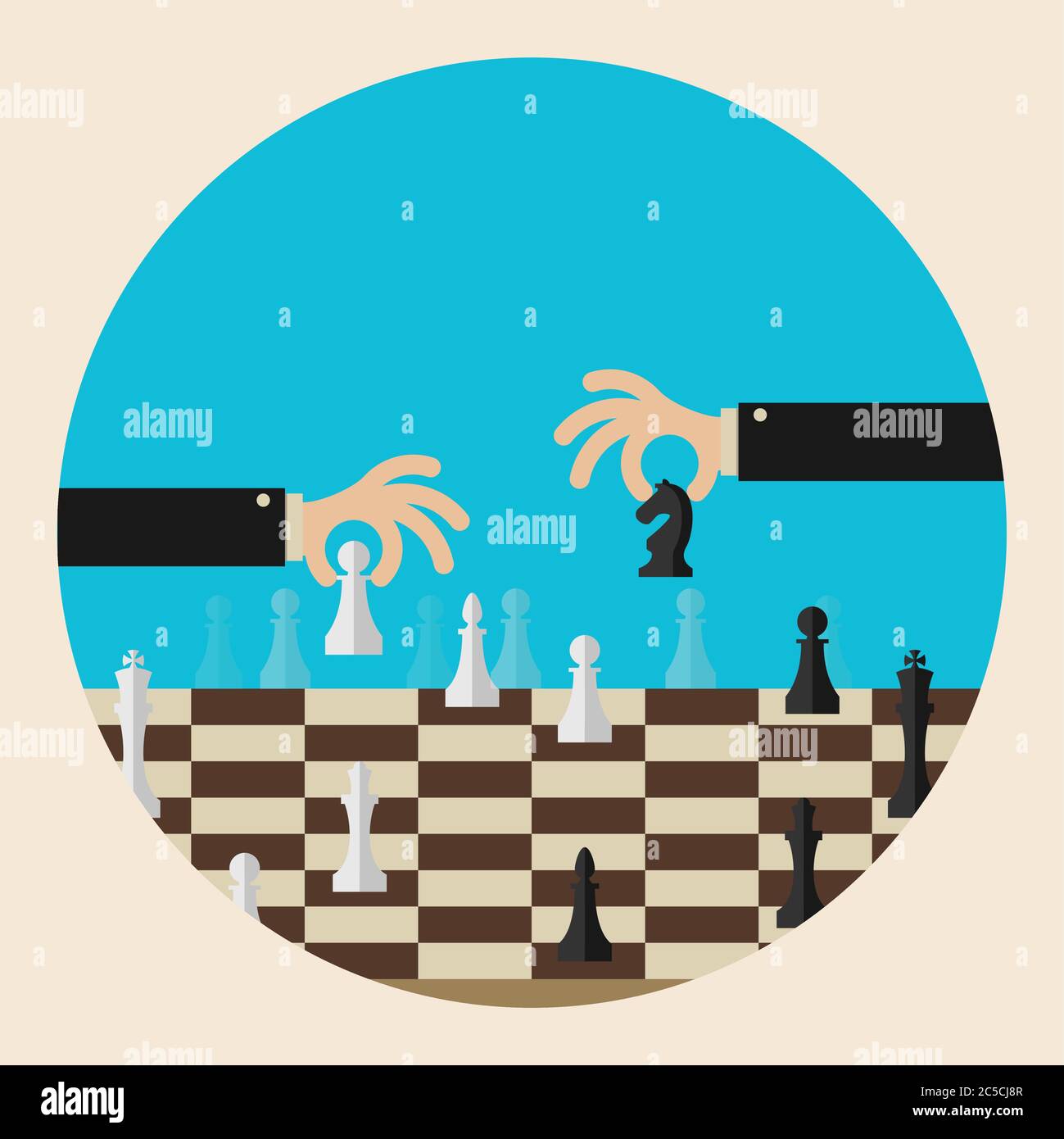 Disegno piano concetto moderno di illustrazione vettoriale di due uomini d'affari che giocano a scacchi e cercano di trovare una posizione strategica e tattica per i succi a lungo termine Illustrazione Vettoriale