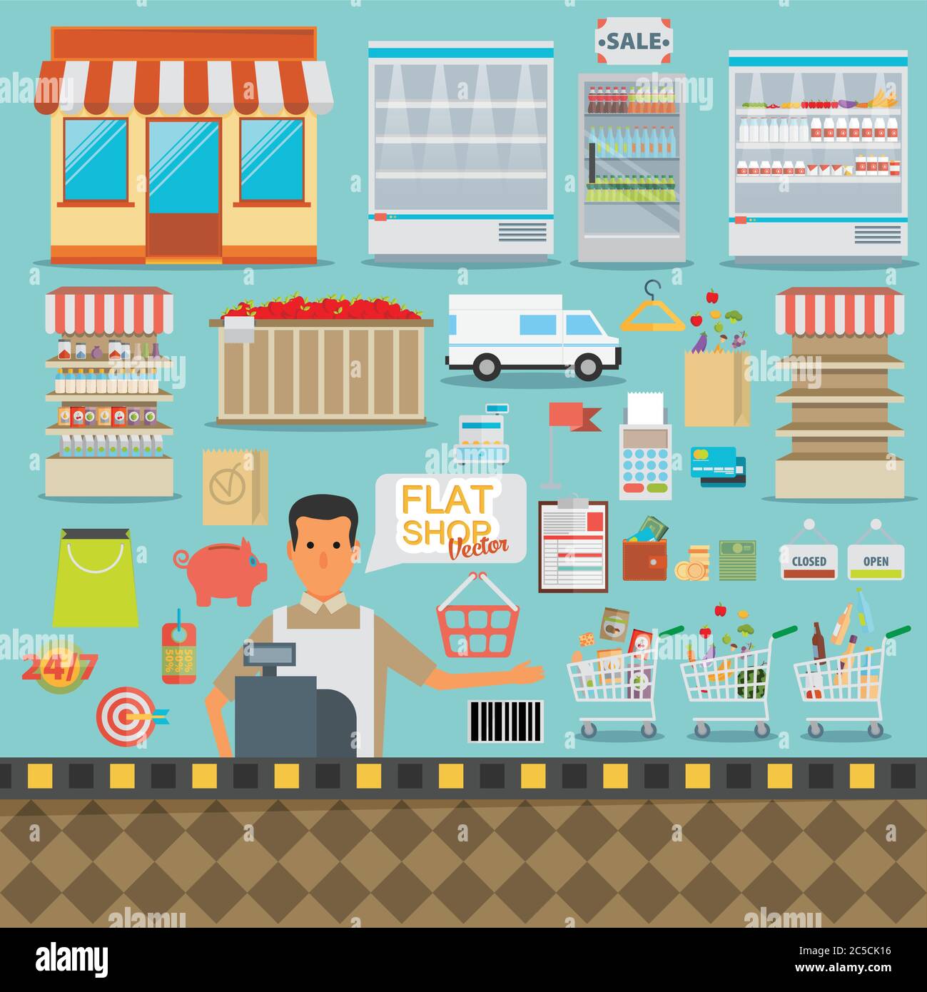 Supermercato sito in linea con il concetto di assortimento di cibo, orari di apertura e le opzioni di pagamento icone illustrazione vettore Illustrazione Vettoriale