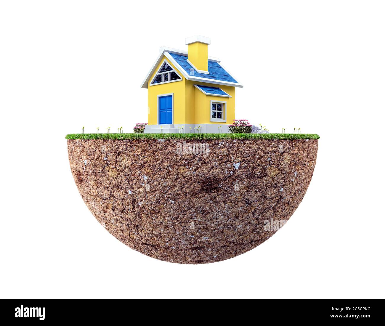 Terreno galleggiante con piccola casa e prato isolato su sfondo bianco, rendering 3d Foto Stock