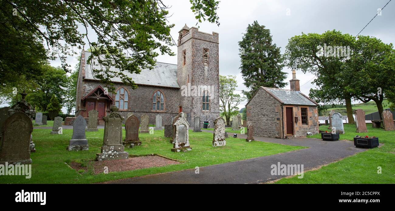 Chiesa di Tundergarth e stanza della memoria di fronte al campo dove il cono del naso del volo Pan am 103 si è schiantato in Lockerbie, Dumfriesshire Foto Stock