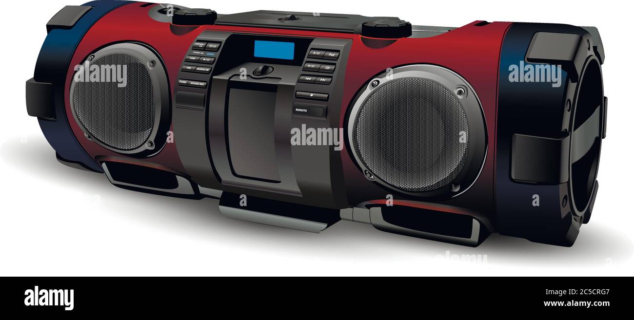 Registratore stereo portatile con sistema Hi-Fi Street style. Moderno e realistico boombox mockup in argento e grigio colori. Hip hop, Rap, Rock, cultura pop. Vettore Illustrazione Vettoriale