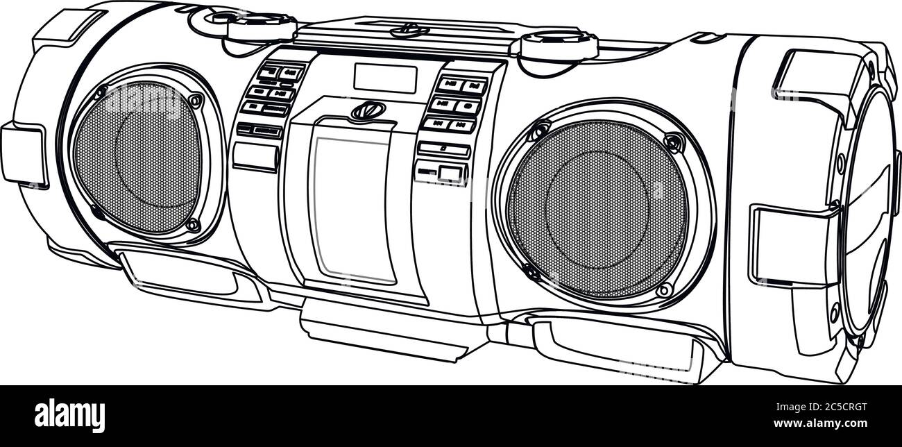 Boombox stereo HiFi. Bozza di illustrazione vettoriale di alta qualità. Contorno in bianco e nero. Illustrazione Vettoriale