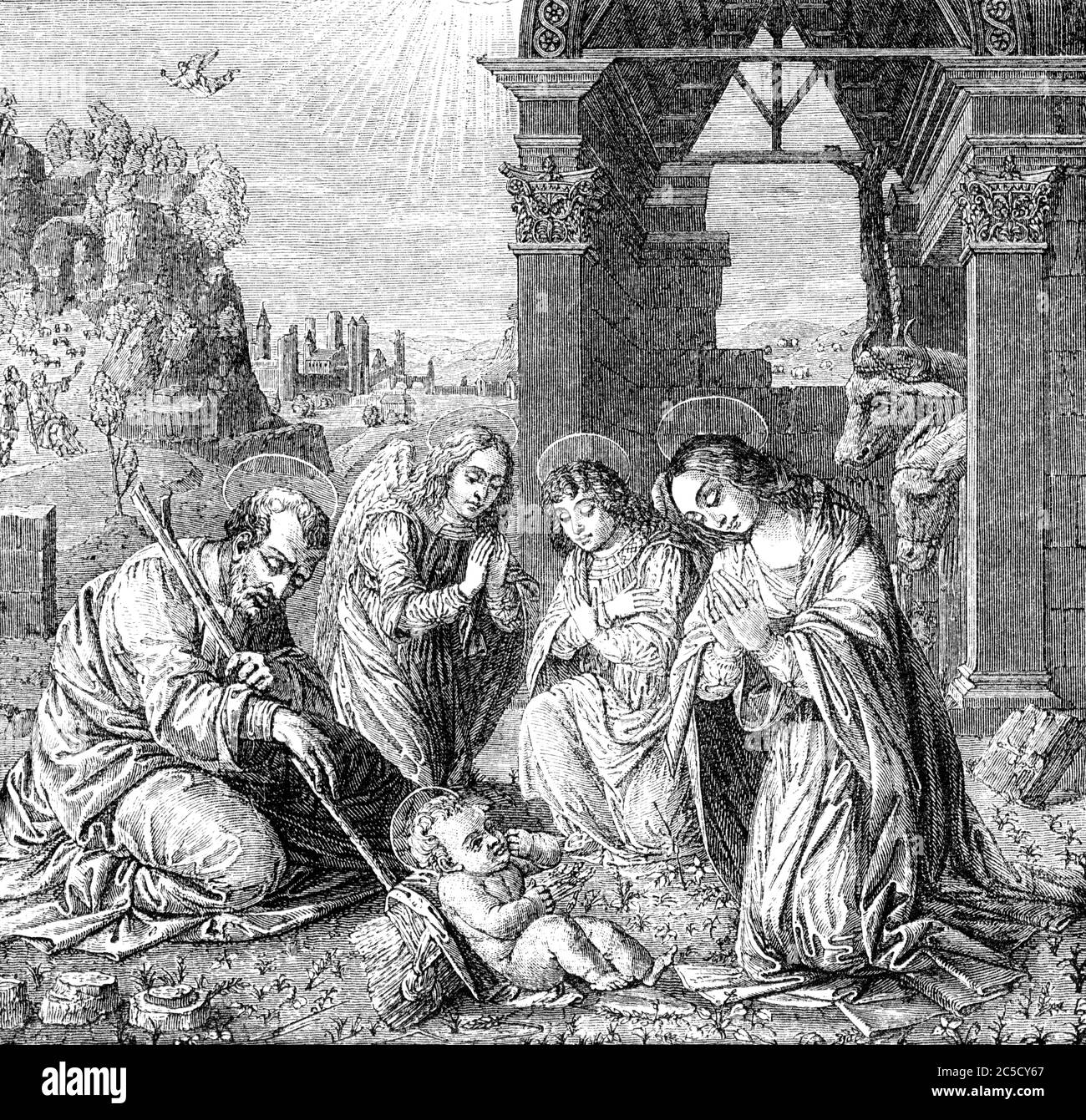 Un'immagine d'illustrazione vintage incisa della Natività di Gesù Cristo, da un libro della bibbia vittoriana datato 1883 che non è più in copyright Foto Stock