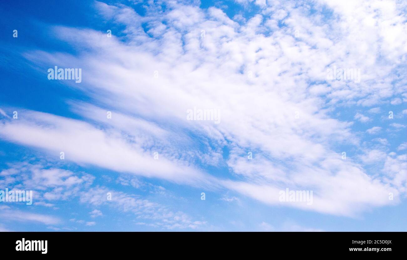 Un fotogramma completo di estate nuvole, soffici, di grandi e piccole contro un cielo blu. Foto Stock