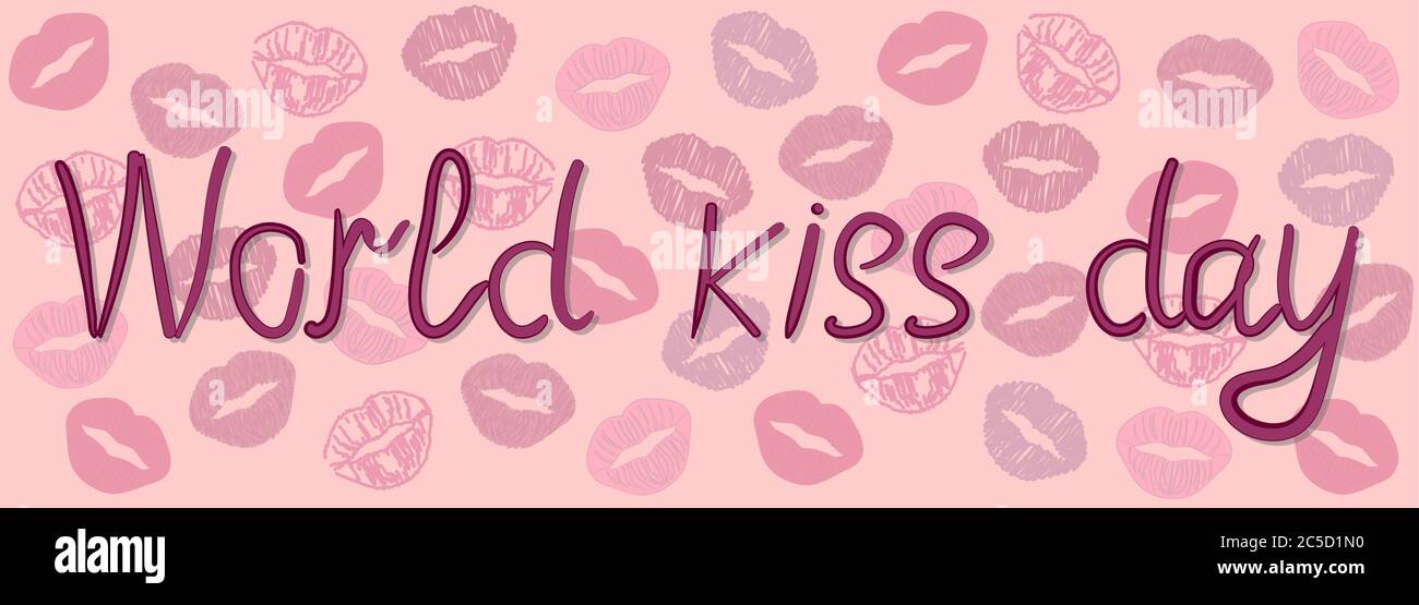iscrizione manoscritta mondo kiss giorno con contorni labbra in diversi sfumature di rosa e viola su sfondo rosa Illustrazione Vettoriale
