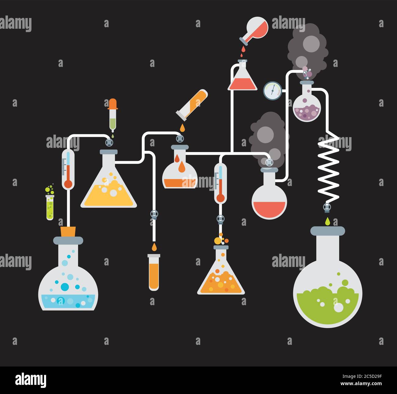 Modello di infografica chimica che mostra vari test condotti in vetreria da laboratorio utilizzando soluzioni chimiche colorate e reazioni su un gre Illustrazione Vettoriale