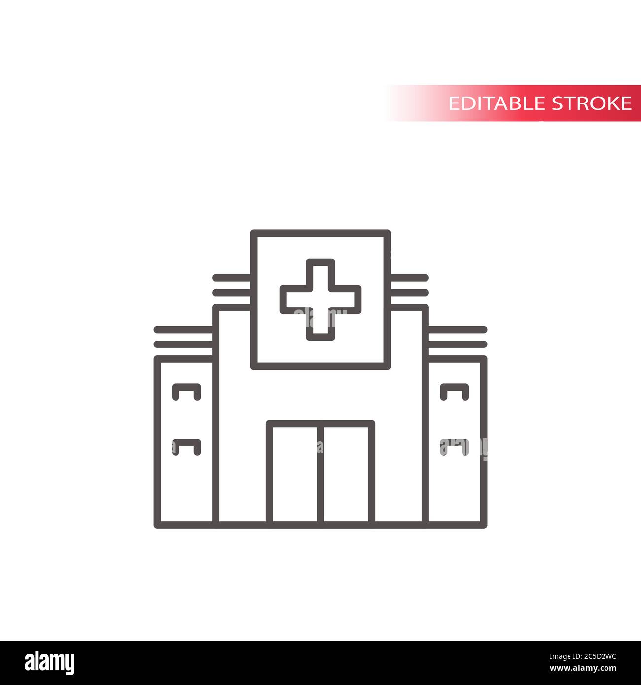 Edificio ospedaliero o clinico con un'icona vettoriale a linee sottili. Linea o tratto modificabili. Illustrazione Vettoriale