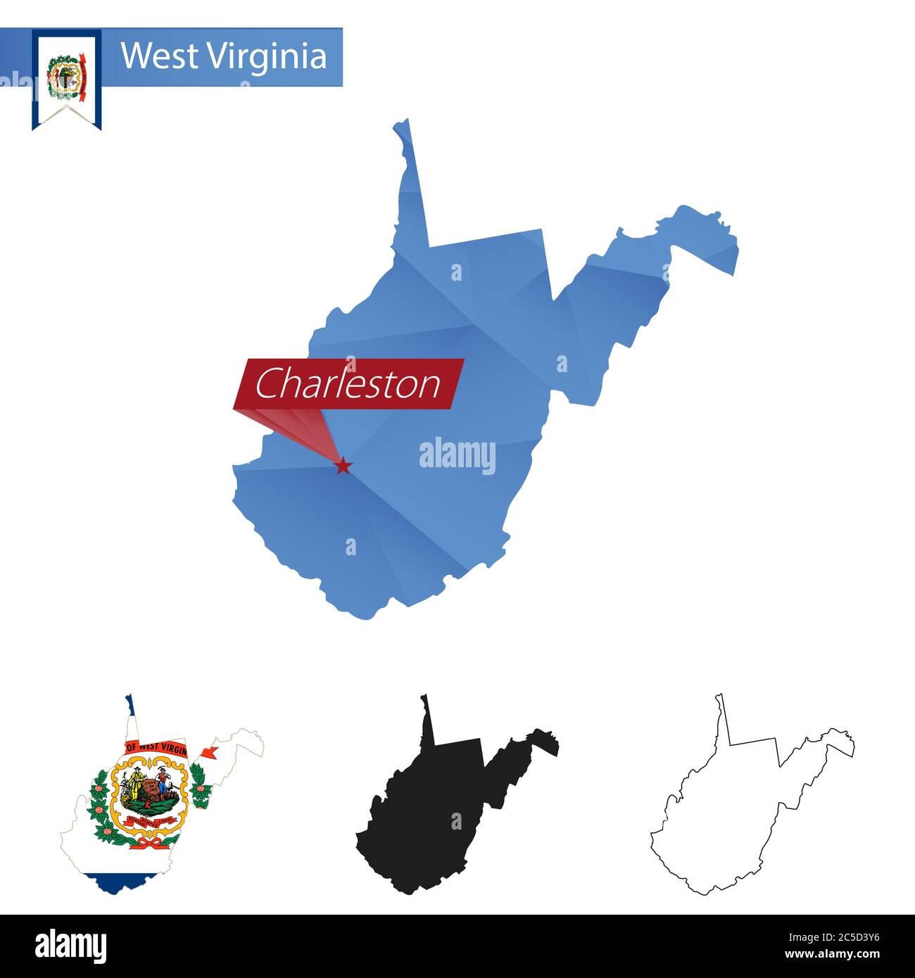 Stato della Virginia occidentale blu basso Poly mappa con la capitale Charleston, versioni con bandiera, nero e profilo. Illustrazione vettoriale. Illustrazione Vettoriale