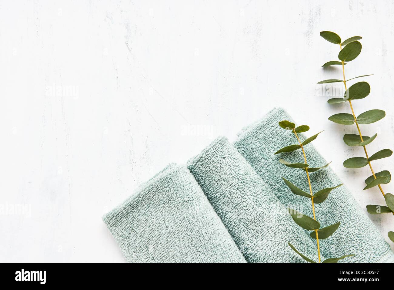 Asciugamano morbido e ramo verde di eucalipto su sfondo bianco. Stile minimalista scandinavo. Igiene, benessere, concetto di cura del corpo. C Foto Stock