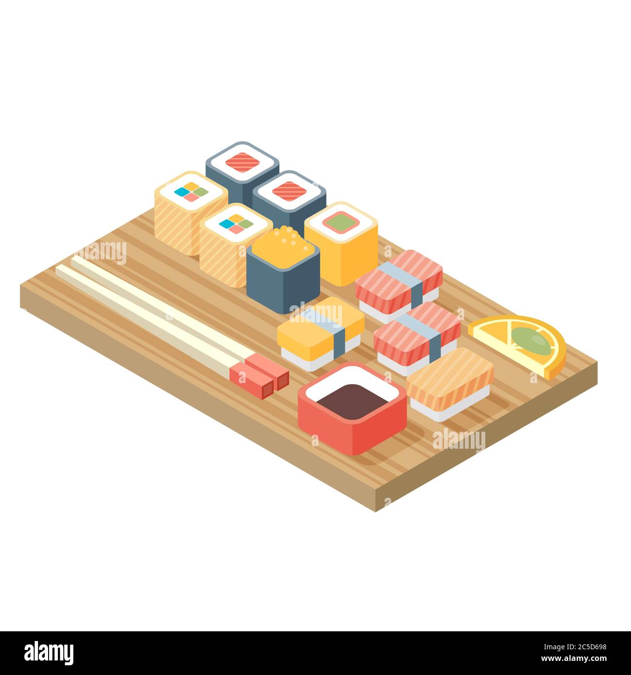 Sushi, cucina giapponese. L'icona del cibo asiatico è allestita con sushi roll sashimi. Disegno piatto dell'illustrazione vettoriale isolata. Illustrazione Vettoriale