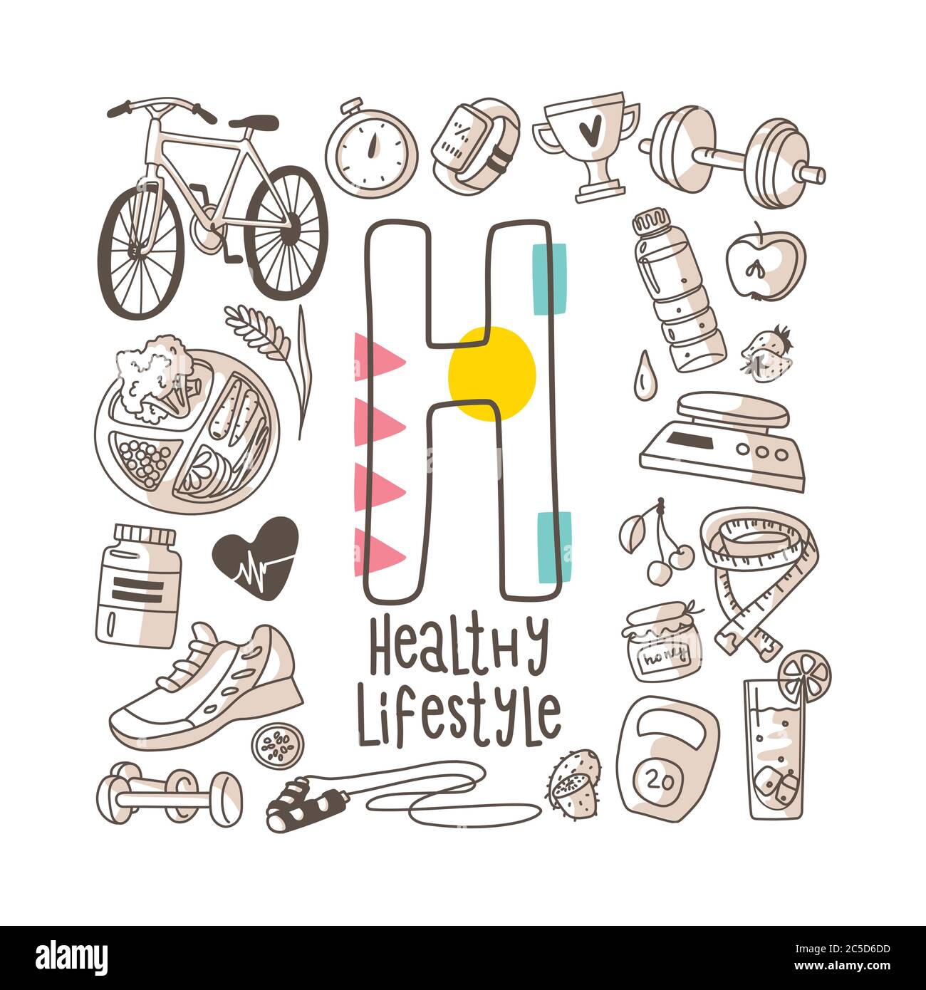 Lettera H - stile di vita sano, serie di alfabeti carini in stile doodle, illustrazione vettoriale Illustrazione Vettoriale