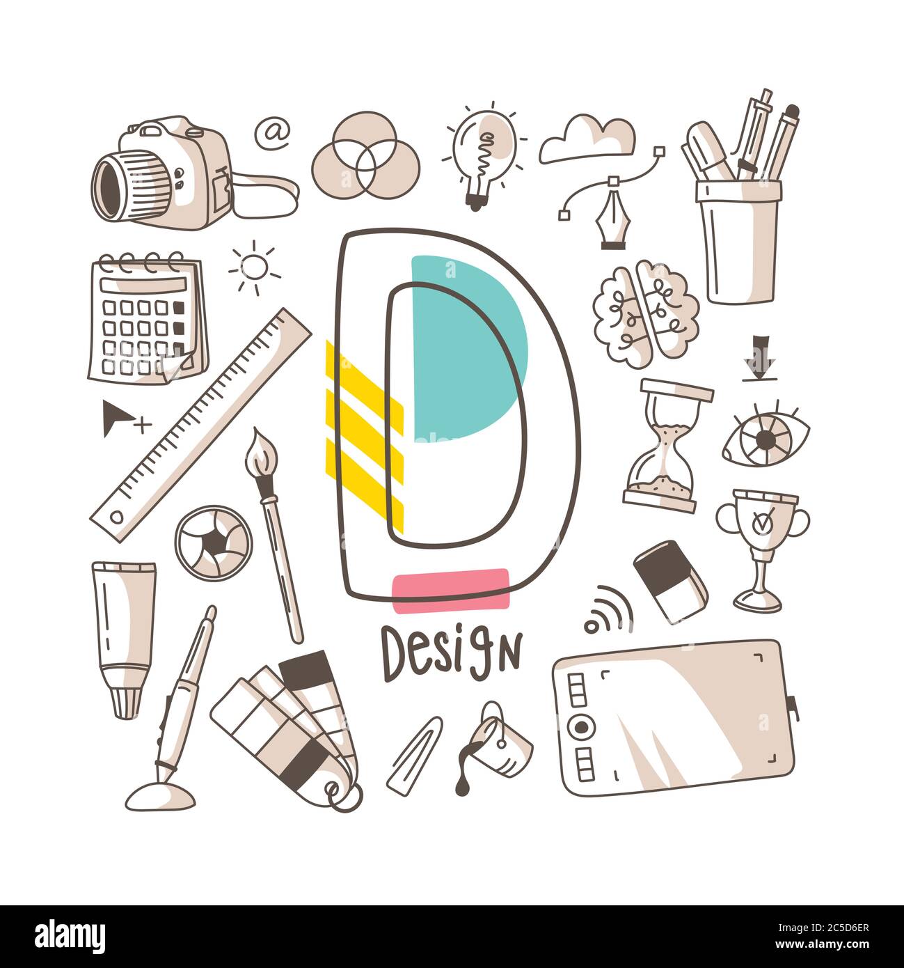Lettera D - Design, serie di alfabeti carini in stile doodle, illustrazione vettoriale Illustrazione Vettoriale