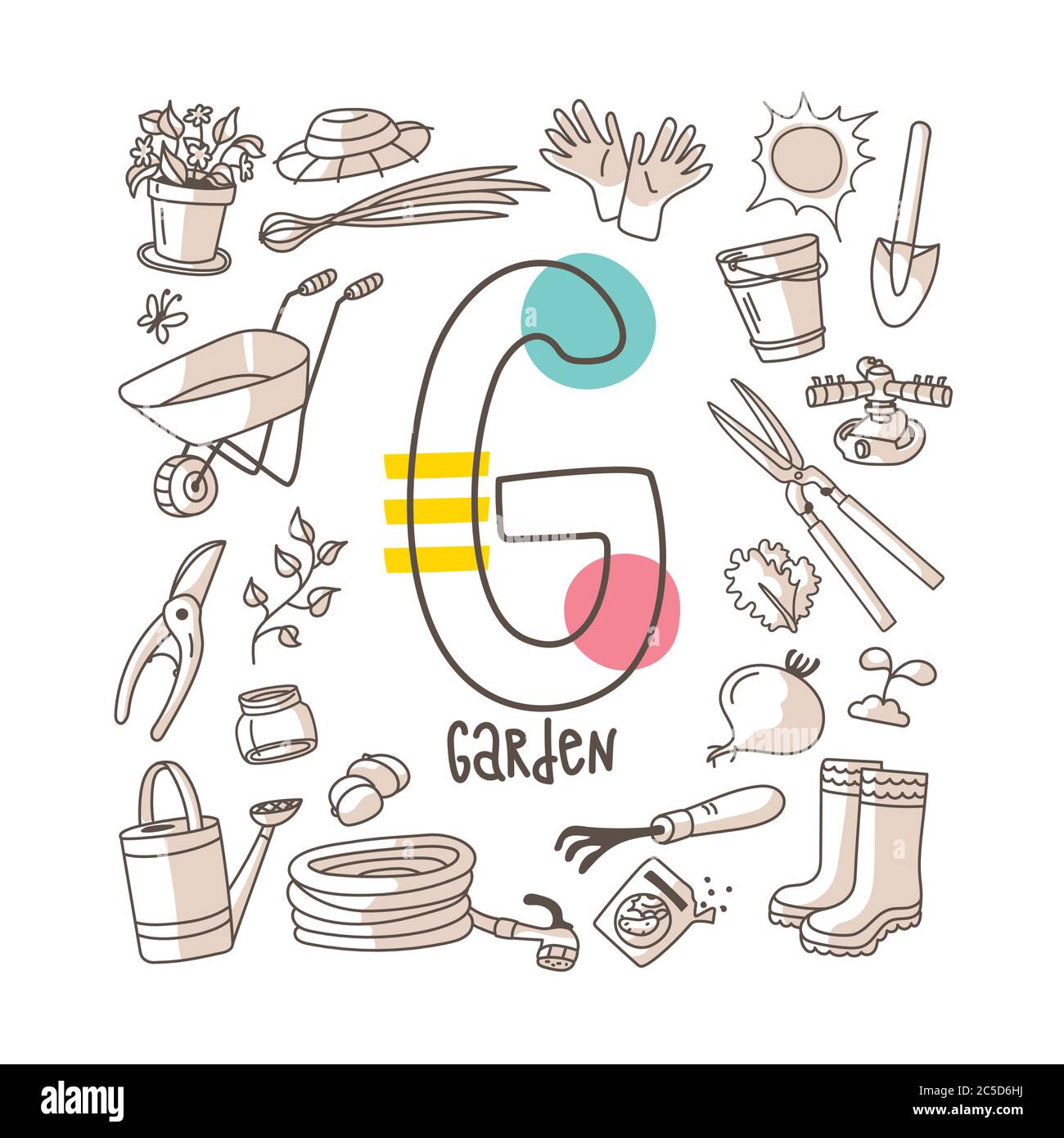 Lettera G - Giardino, serie di alfabeti carini in stile doodle, illustrazione vettoriale Illustrazione Vettoriale