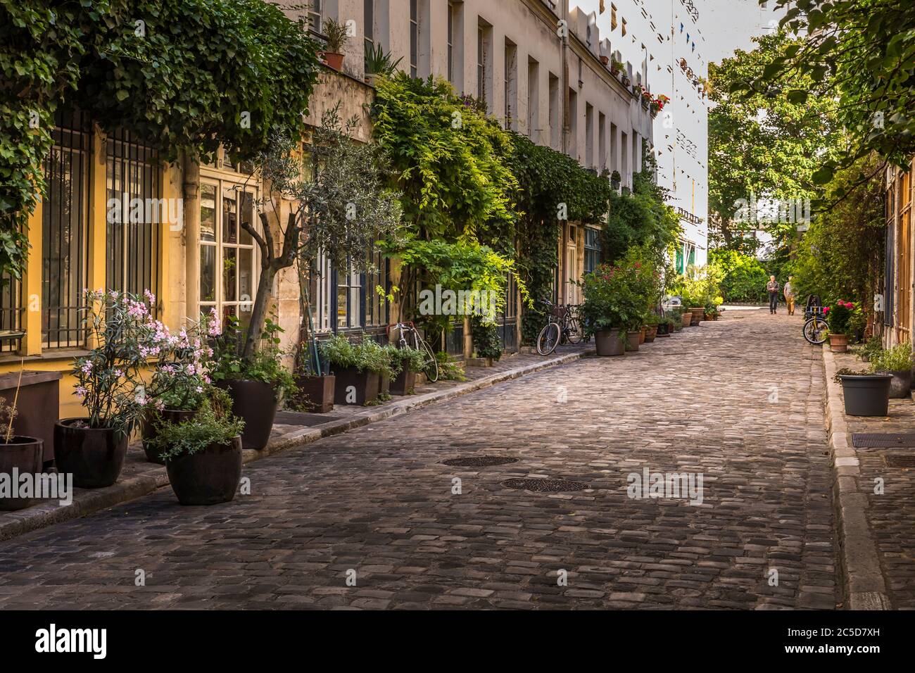 Parigi, Francia - 24 giugno 2020: Passaggio Lhomme con la sua vegetazione e le sue vecchie officine nel 11 ° distretto di Parigi Foto Stock